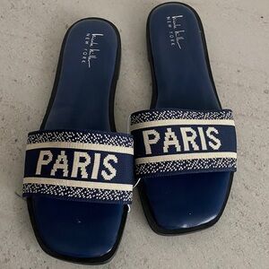 Nicole Miller Navy and Cream “Paris” Slide Sandals